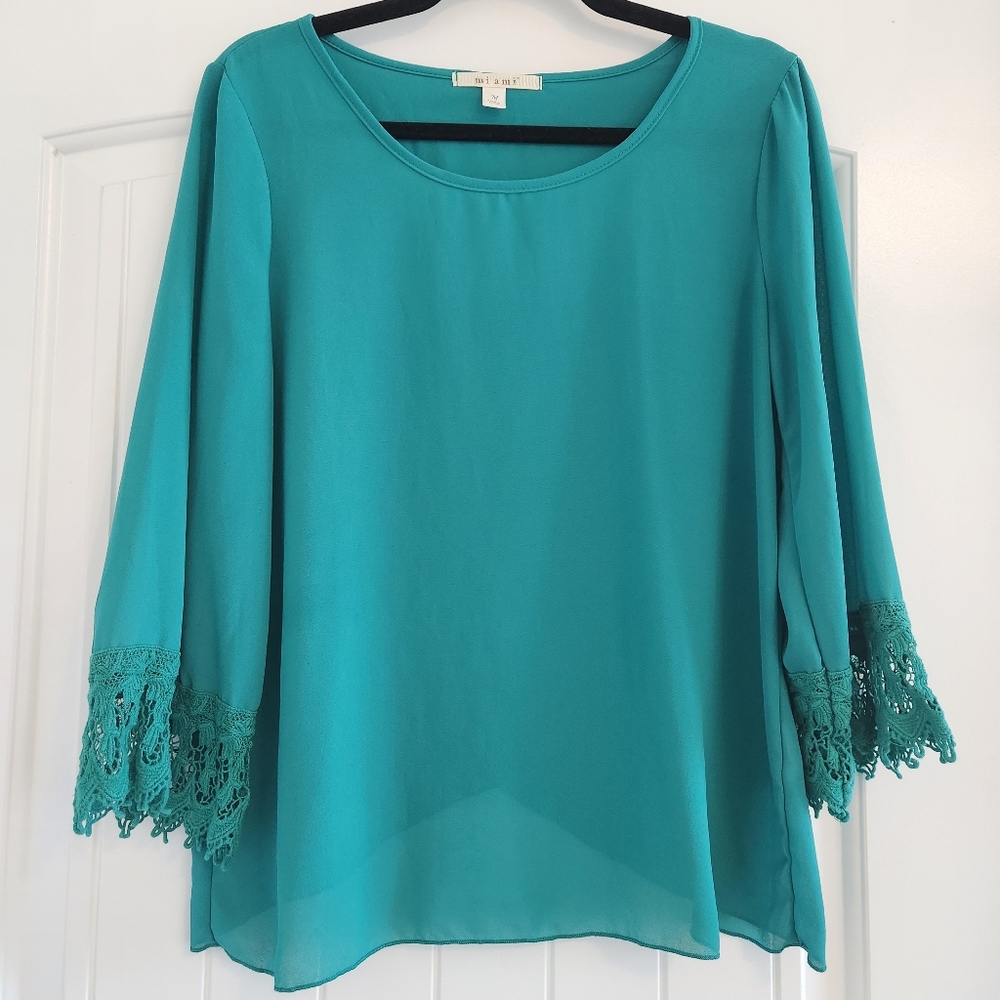 MIAMI Teal Lace Blouse Top Size Medium